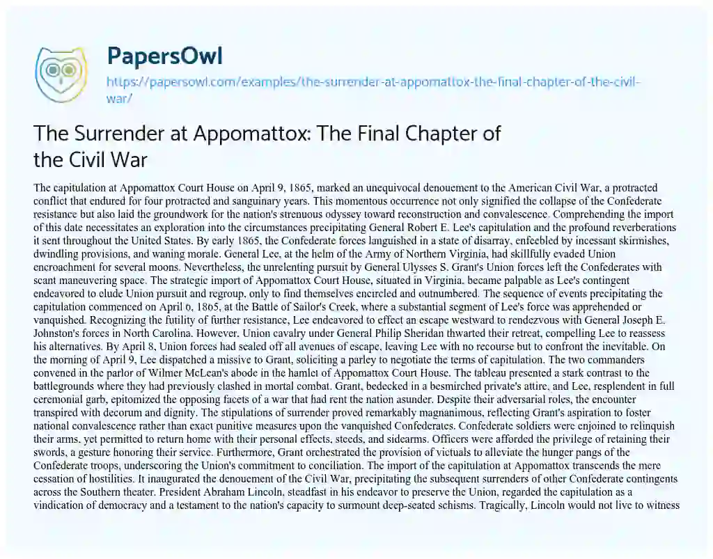 Essay on The Surrender at Appomattox: the Final Chapter of the Civil War