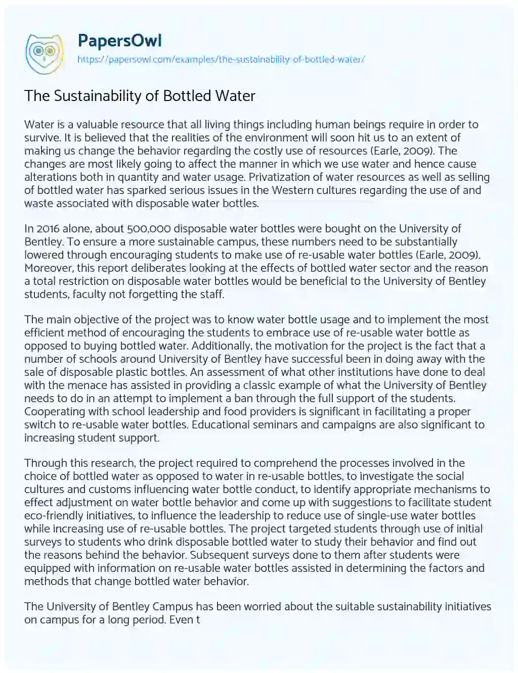 Essay on The Sustainability of Bottled Water
