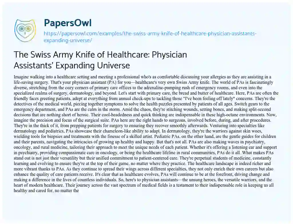 Essay on The Swiss Army Knife of Healthcare: Physician Assistants’ Expanding Universe