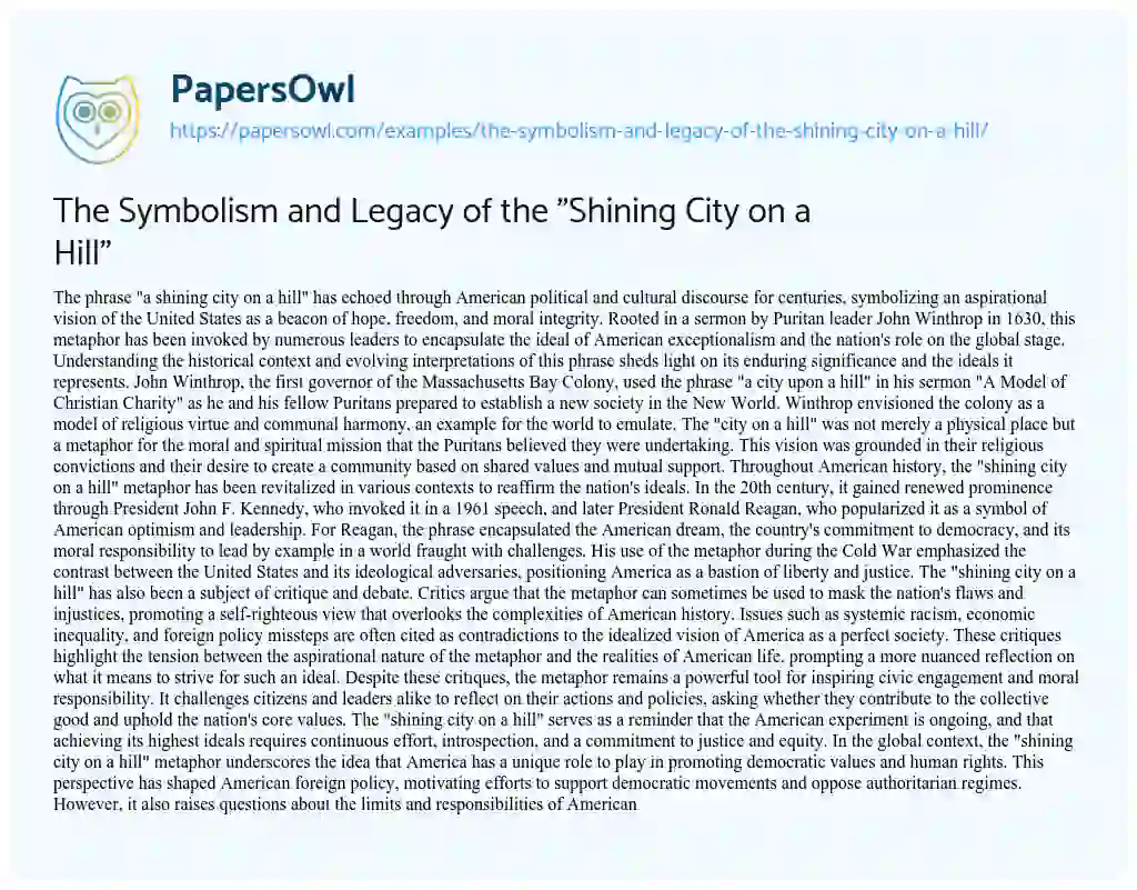 Essay on The Symbolism and Legacy of the “Shining City on a Hill”