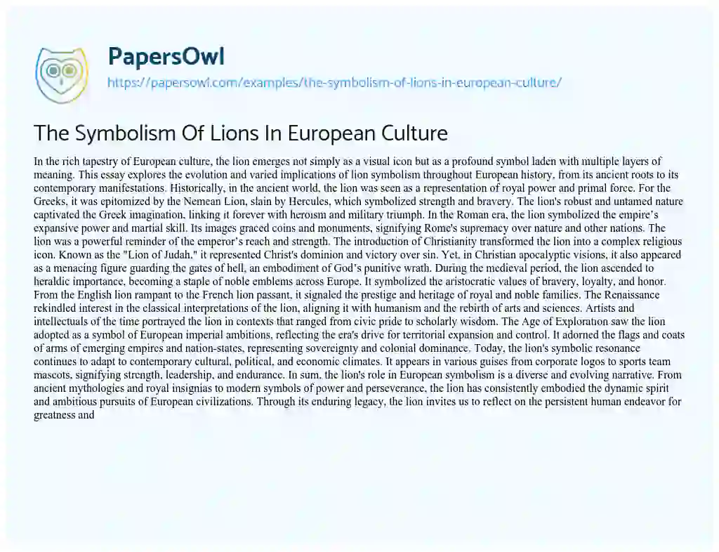 Essay on The Symbolism of Lions in European Culture