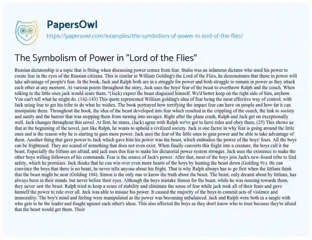 Essay on The Symbolism of Power in “Lord of the Flies”