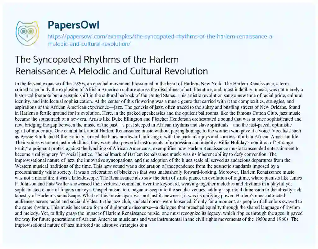 Essay on The Syncopated Rhythms of the Harlem Renaissance: a Melodic and Cultural Revolution
