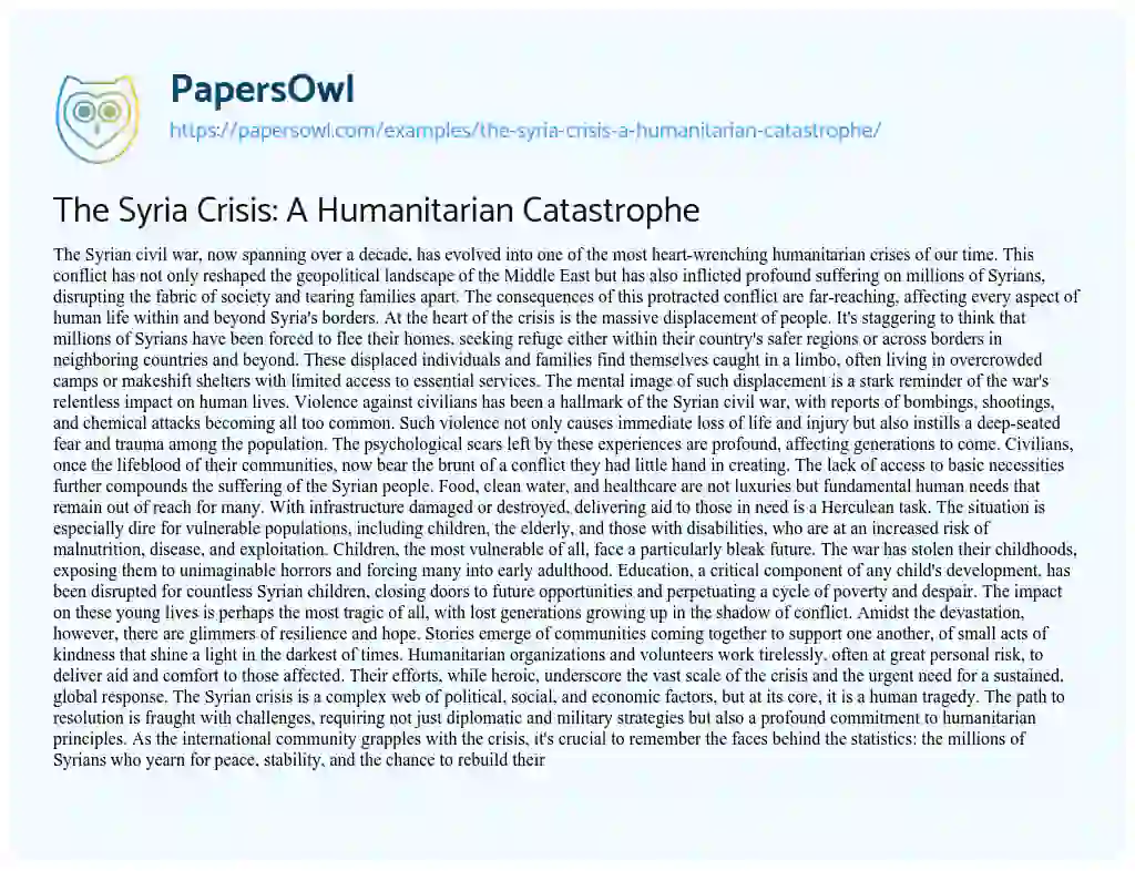 Essay on The Syria Crisis: a Humanitarian Catastrophe