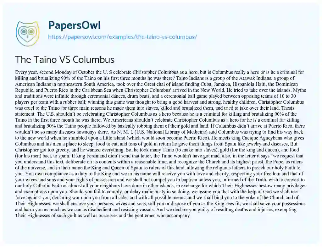 Essay on The Taino VS Columbus