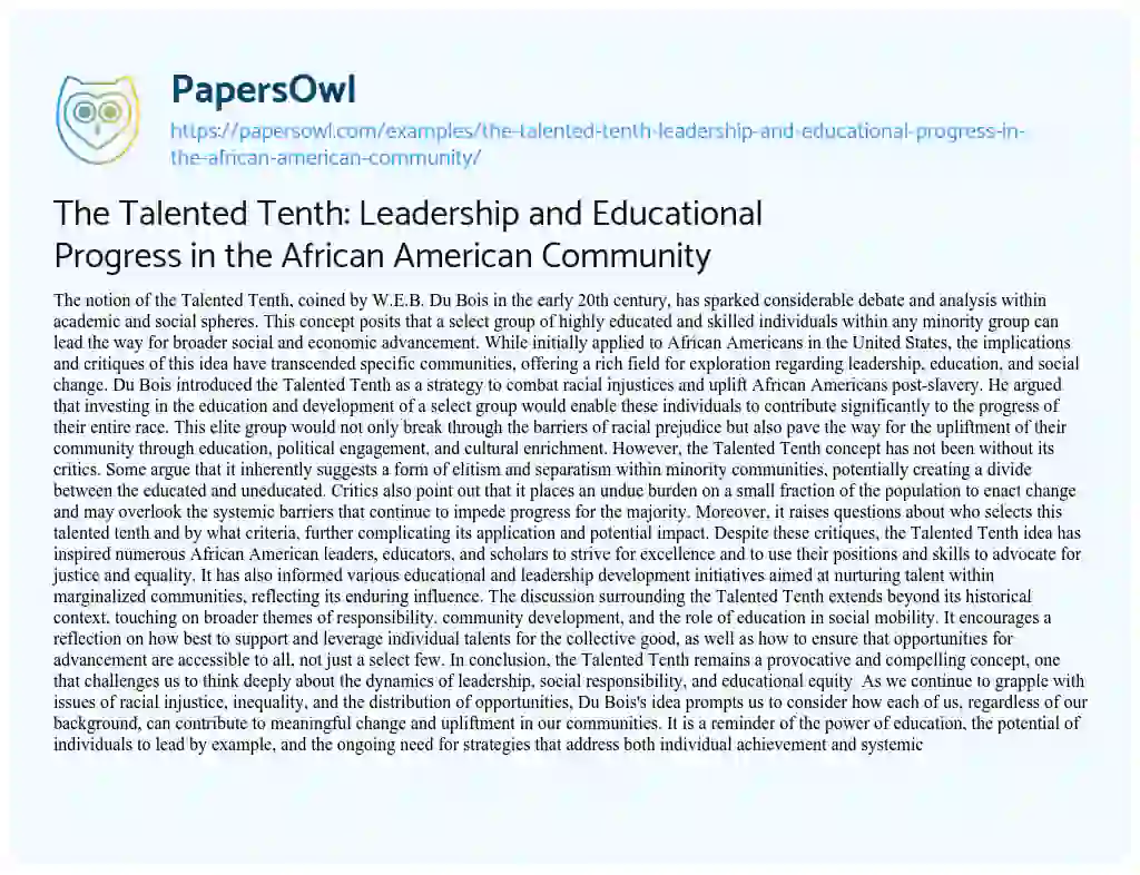 Essay on The Talented Tenth: Leadership and Educational Progress in the African American Community