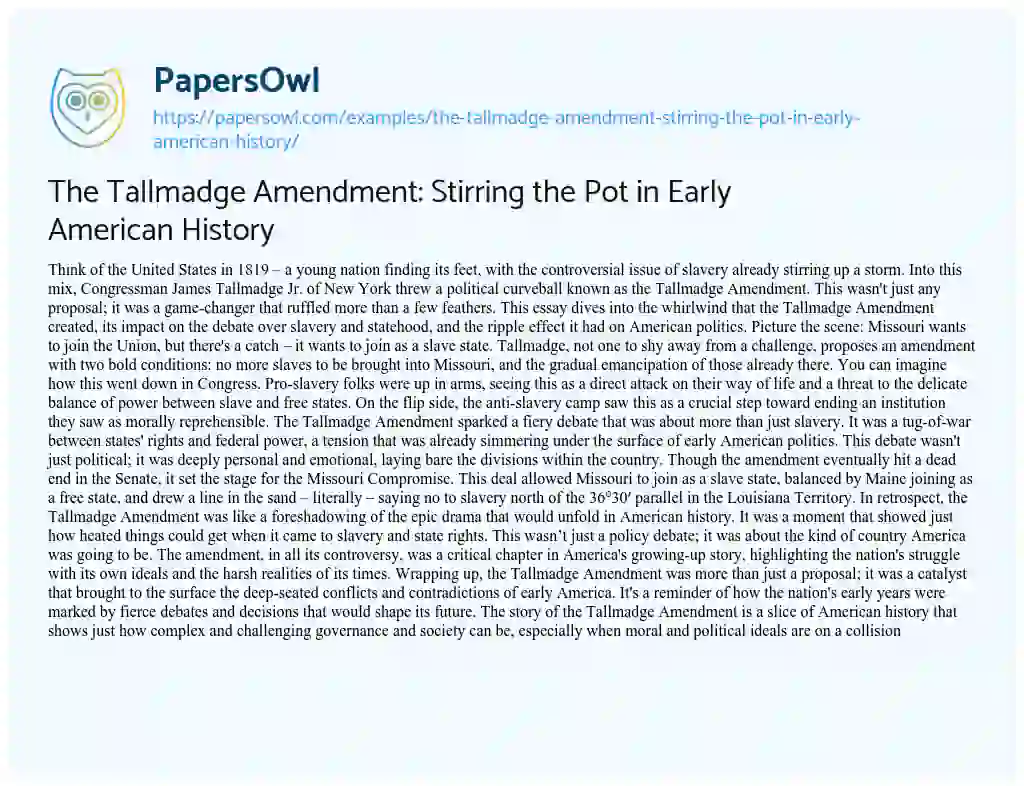 Essay on The Tallmadge Amendment: Stirring the Pot in Early American History