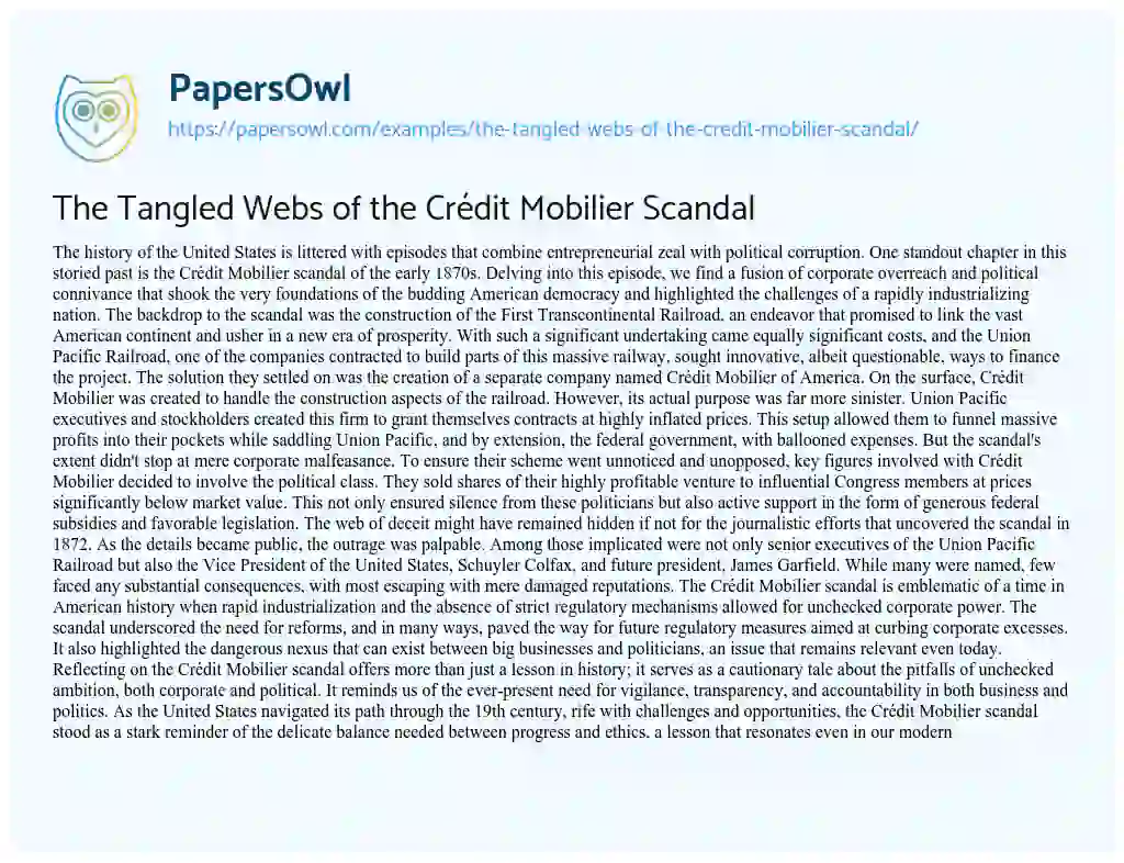Essay on The Tangled Webs of the Crédit Mobilier Scandal