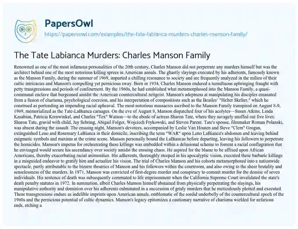 Essay on The Tate Labianca Murders: Charles Manson Family