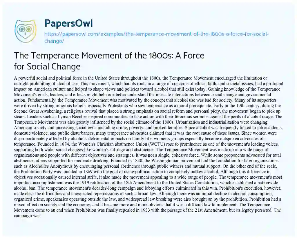 Essay on The Temperance Movement of the 1800s: a Force for Social Change