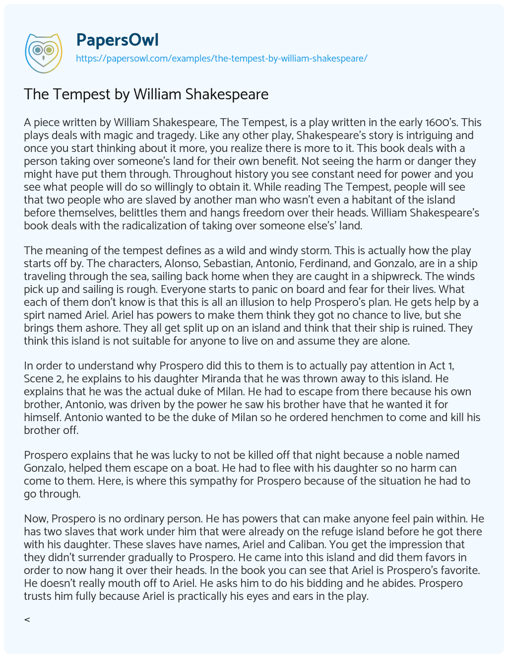 The Tempest by William Shakespeare essay