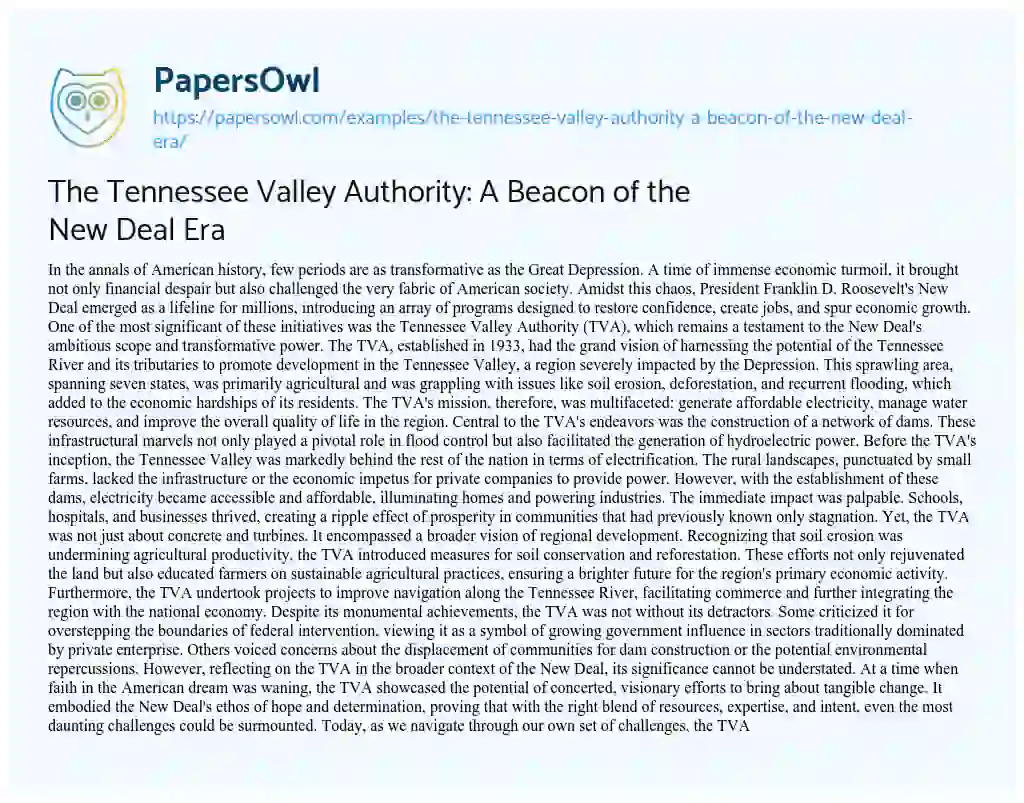 Essay on The Tennessee Valley Authority: a Beacon of the New Deal Era