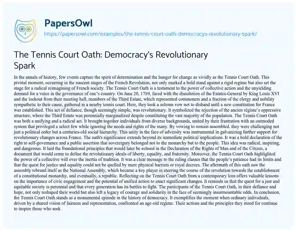 Essay on The Tennis Court Oath: Democracy’s Revolutionary Spark
