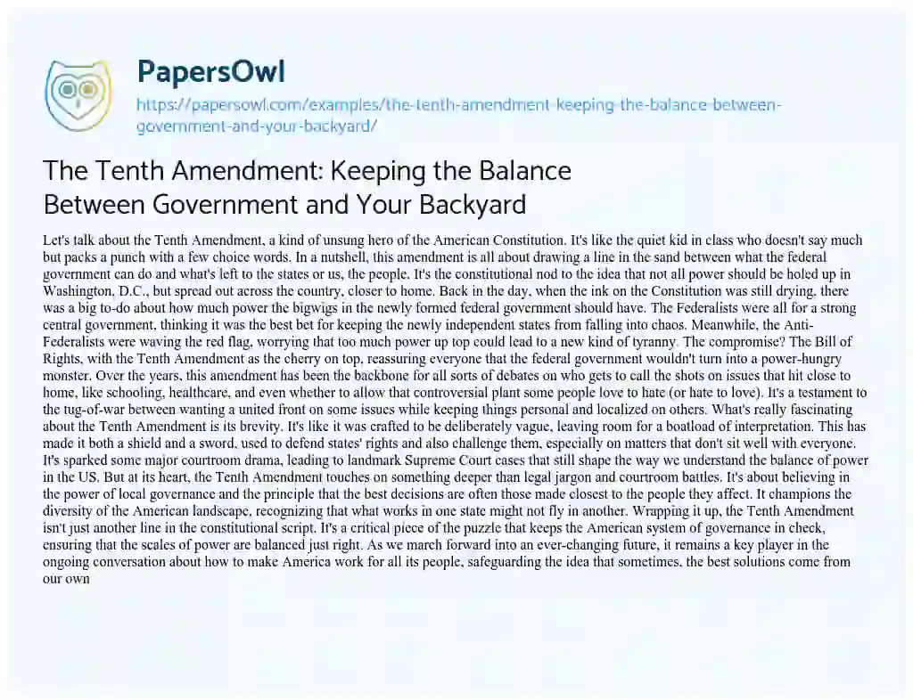Essay on The Tenth Amendment: Keeping the Balance between Government and your Backyard