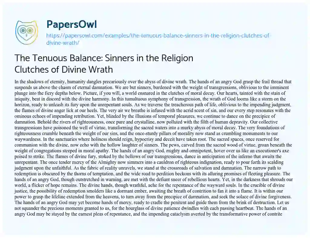 Essay on The Tenuous Balance: Sinners in the Religion Clutches of Divine Wrath