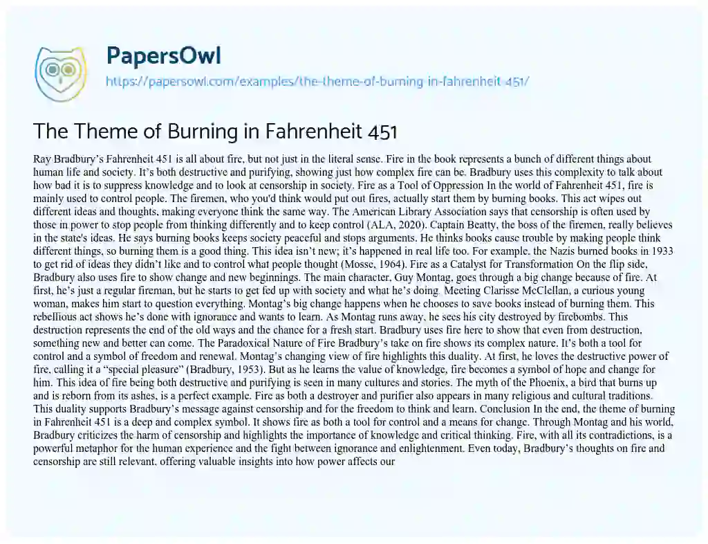 Essay on The Theme of Burning in Fahrenheit 451