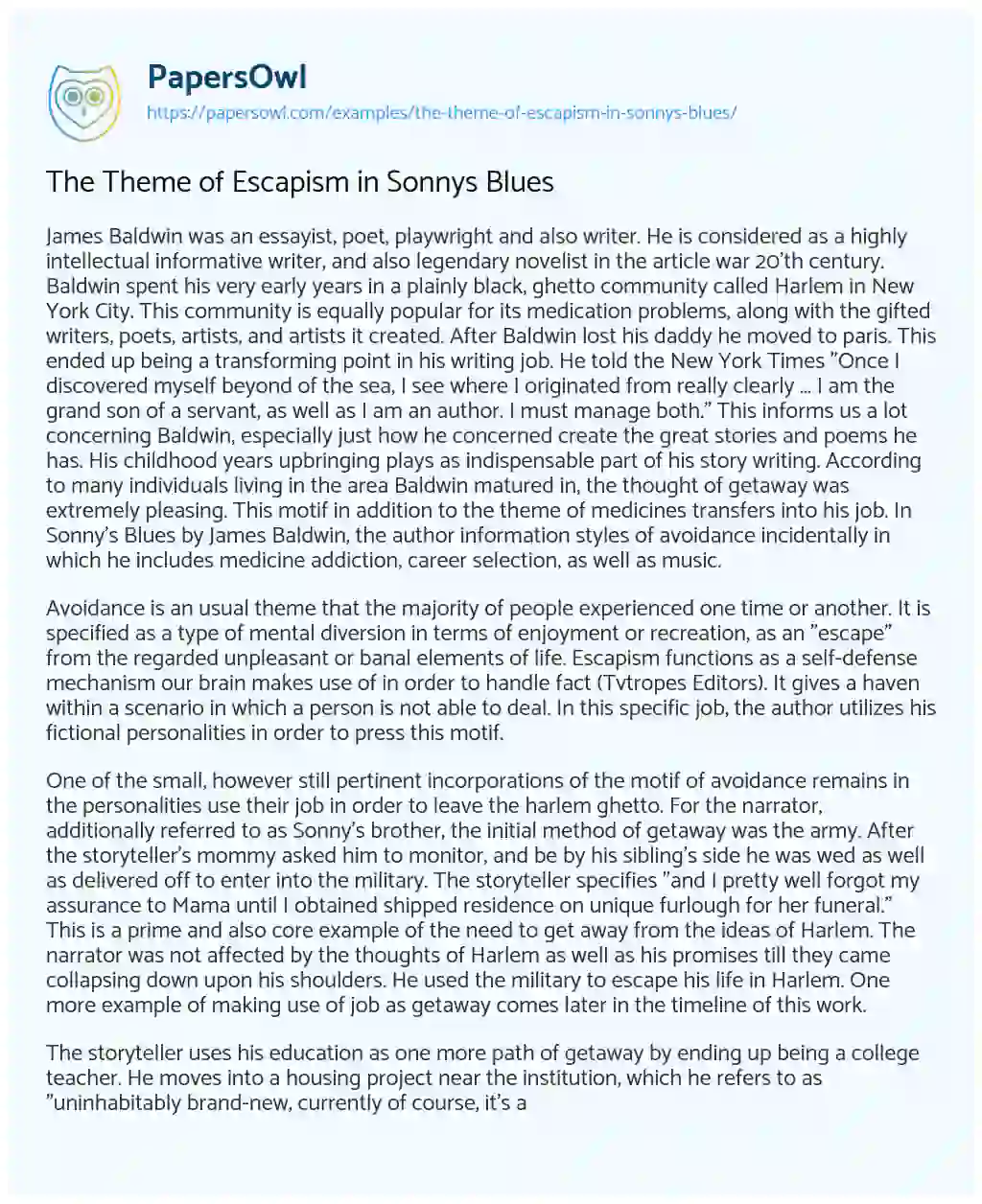 Essay on The Theme of Escapism in Sonnys Blues