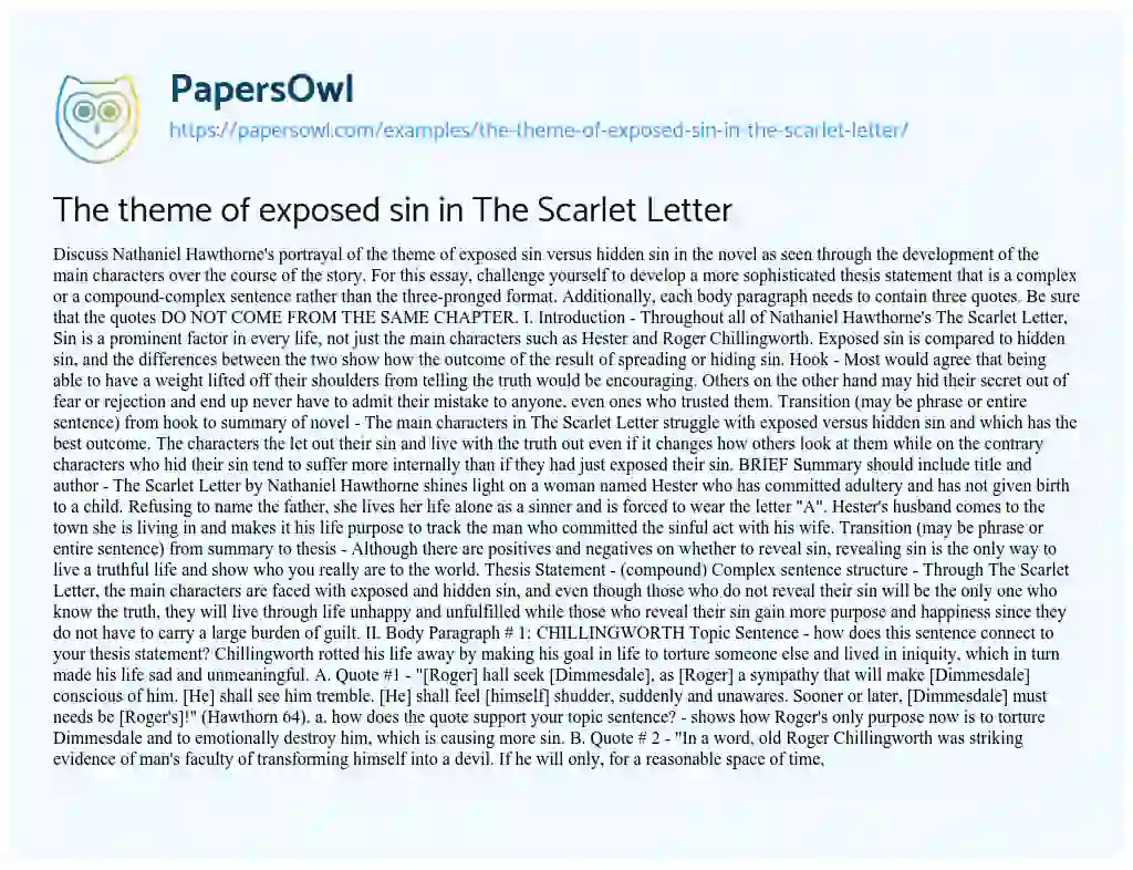 Essay on The Theme of Exposed Sin in the Scarlet Letter