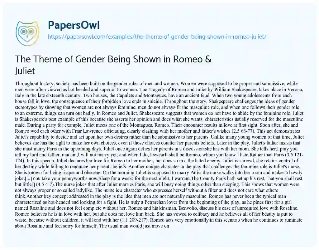 Essay on The Theme of Gender being Shown in Romeo & Juliet