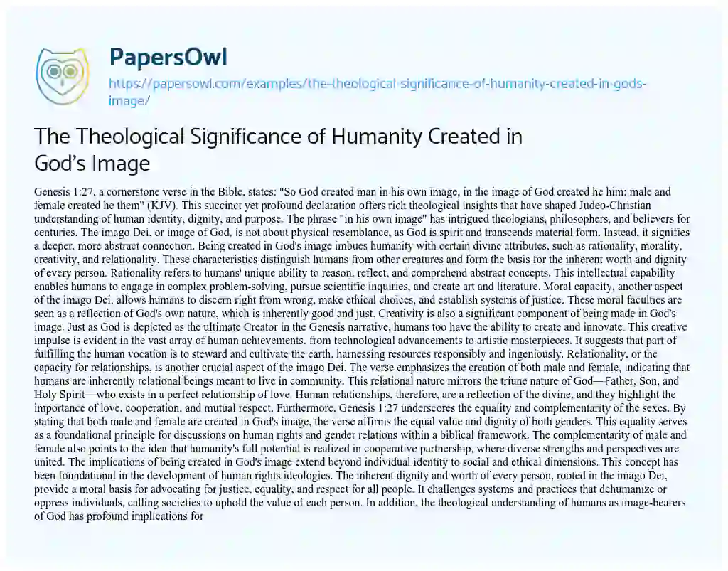 Essay on The Theological Significance of Humanity Created in God’s Image