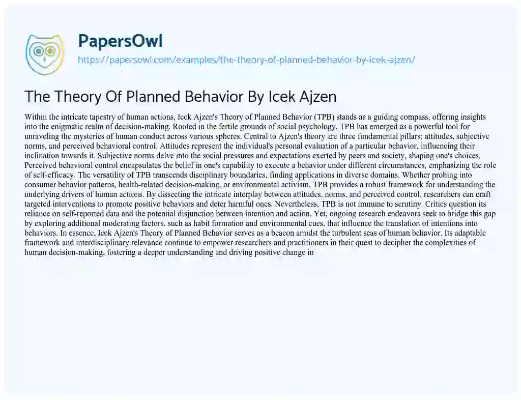 Essay on The Theory of Planned Behavior by Icek Ajzen