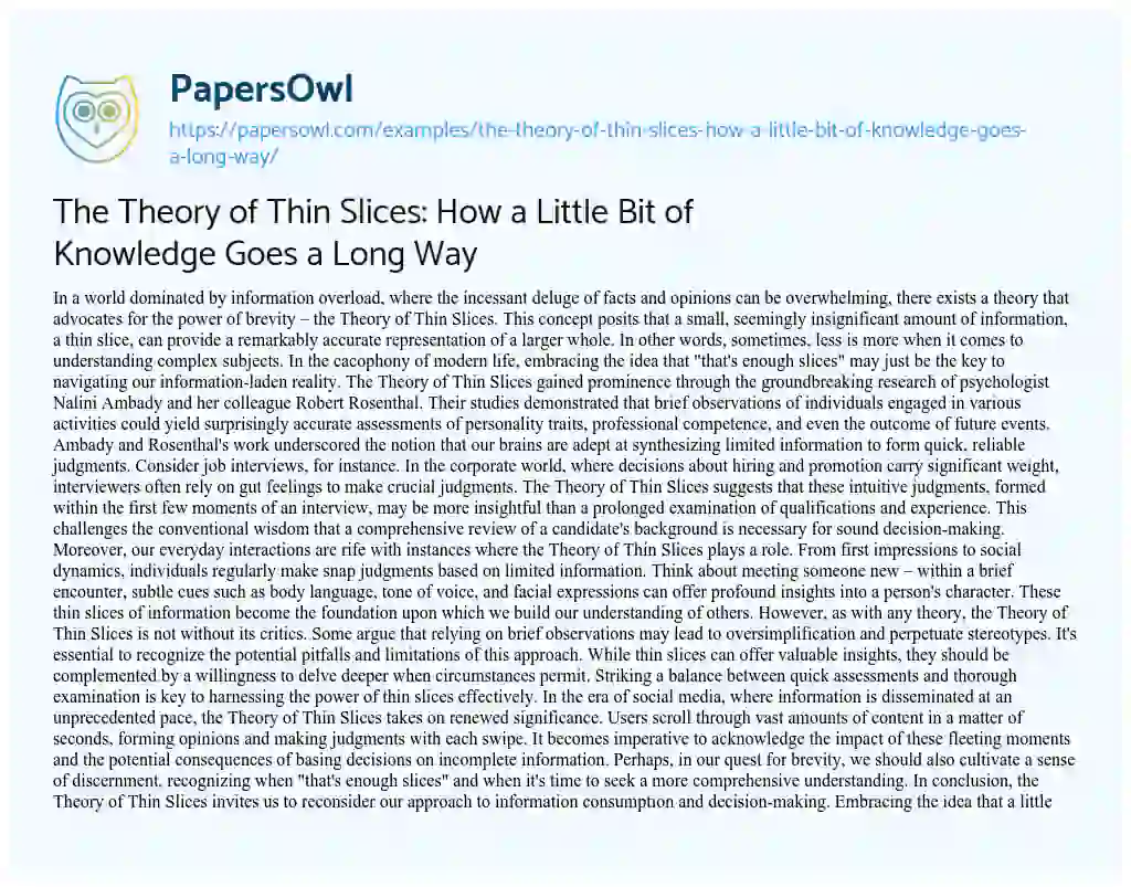 Essay on The Theory of Thin Slices: how a Little Bit of Knowledge Goes a Long Way