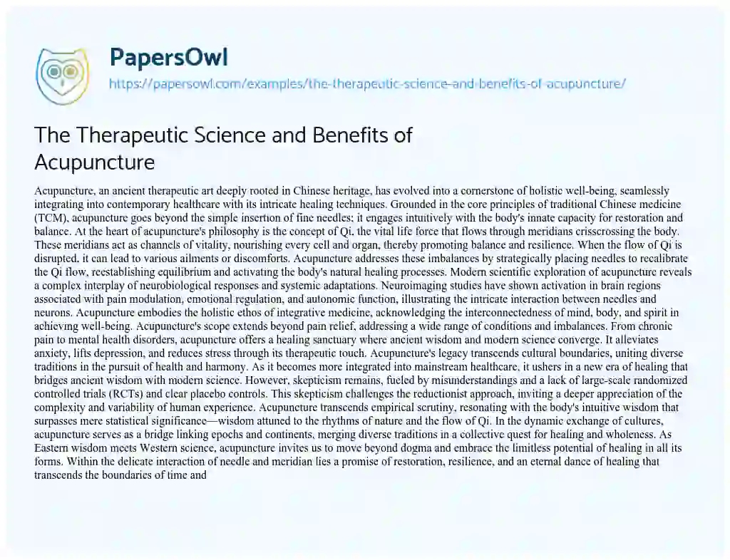 Essay on The Therapeutic Science and Benefits of Acupuncture