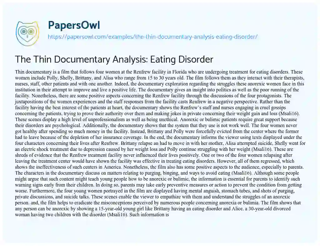 Essay on The Thin Documentary Analysis: Eating Disorder