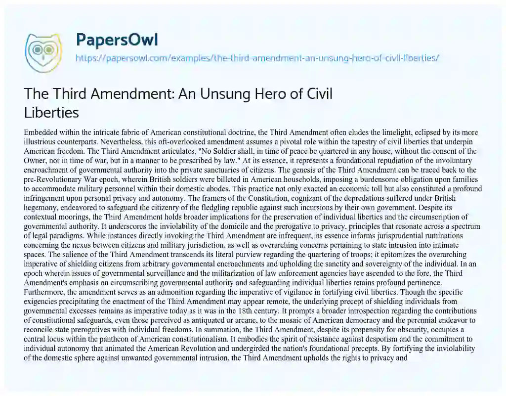 Essay on The Third Amendment: an Unsung Hero of Civil Liberties