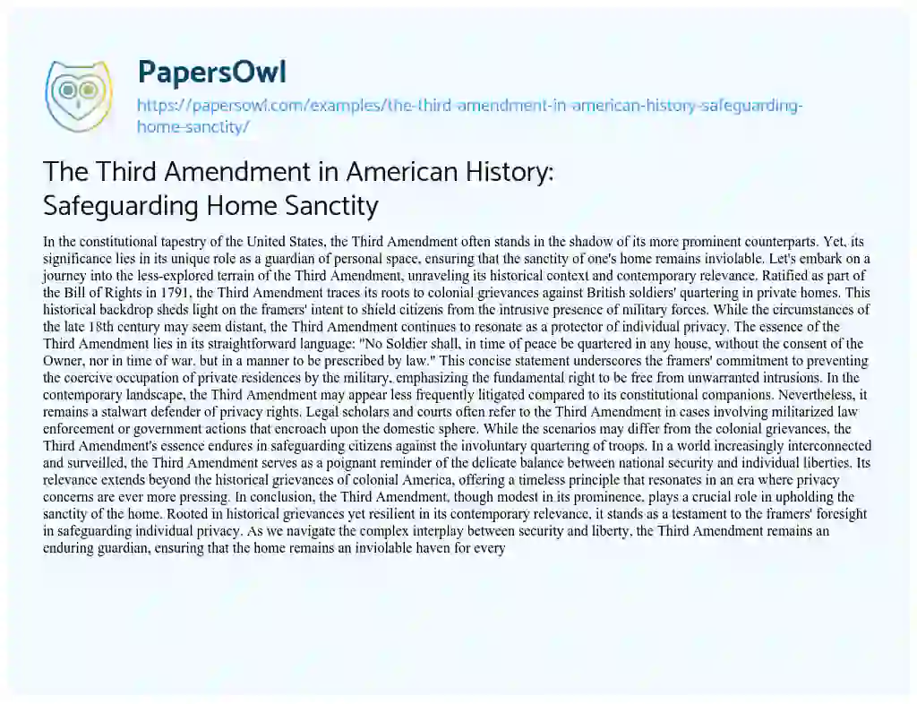 Essay on The Third Amendment in American History: Safeguarding Home Sanctity