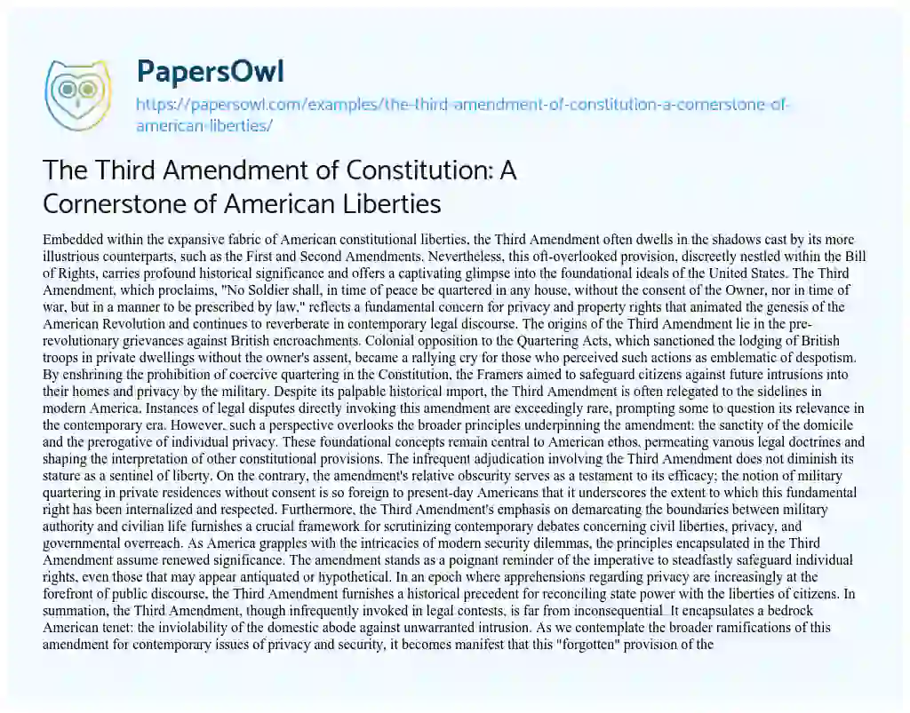 Essay on The Third Amendment of Constitution: a Cornerstone of American Liberties