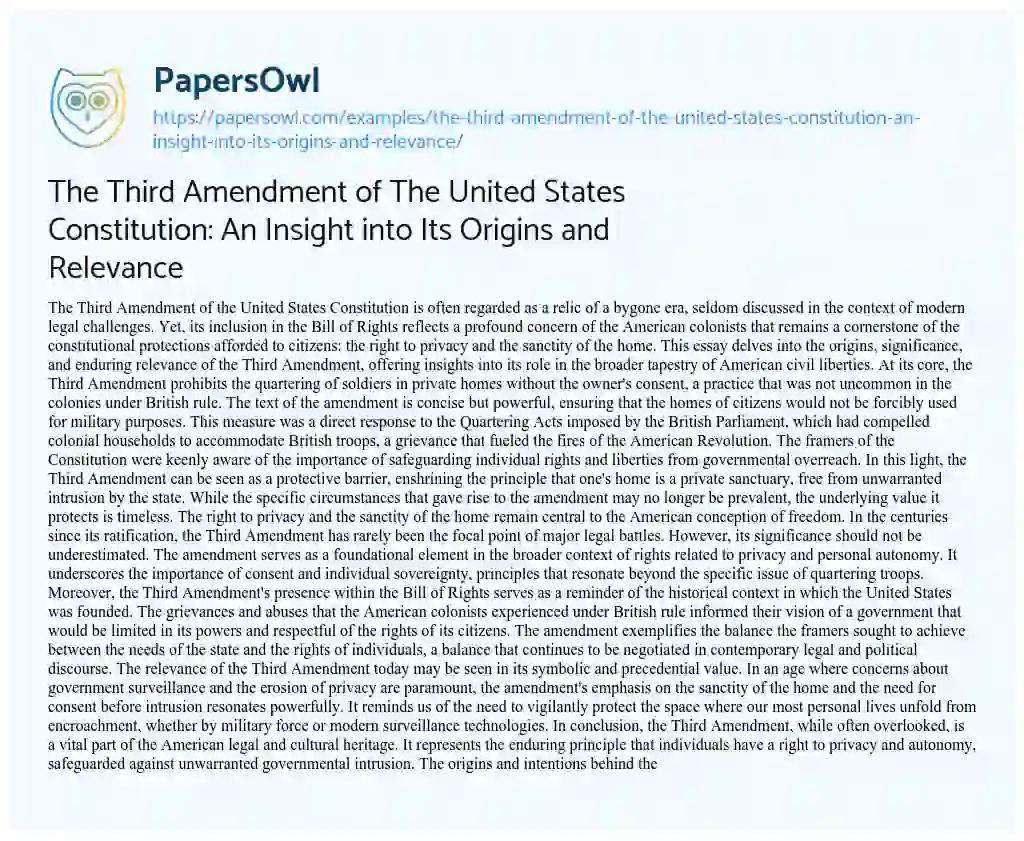 Essay on The Third Amendment of the United States Constitution: an Insight into its Origins and Relevance