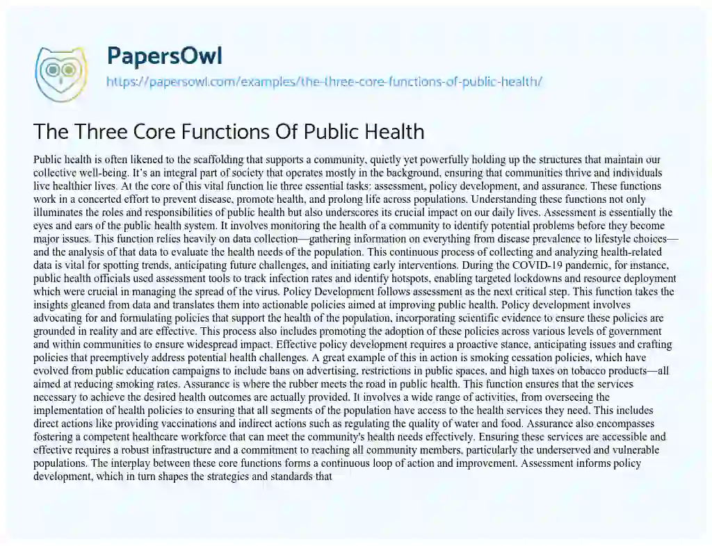 Essay on The Three Core Functions of Public Health