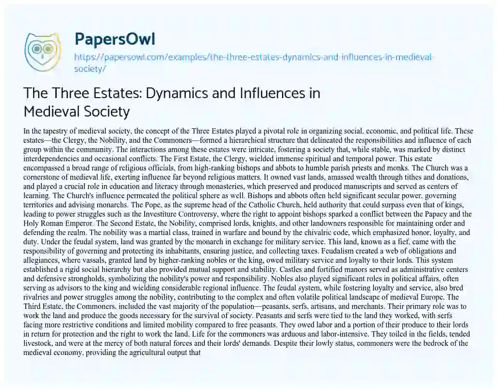 Essay on The Three Estates: Dynamics and Influences in Medieval Society