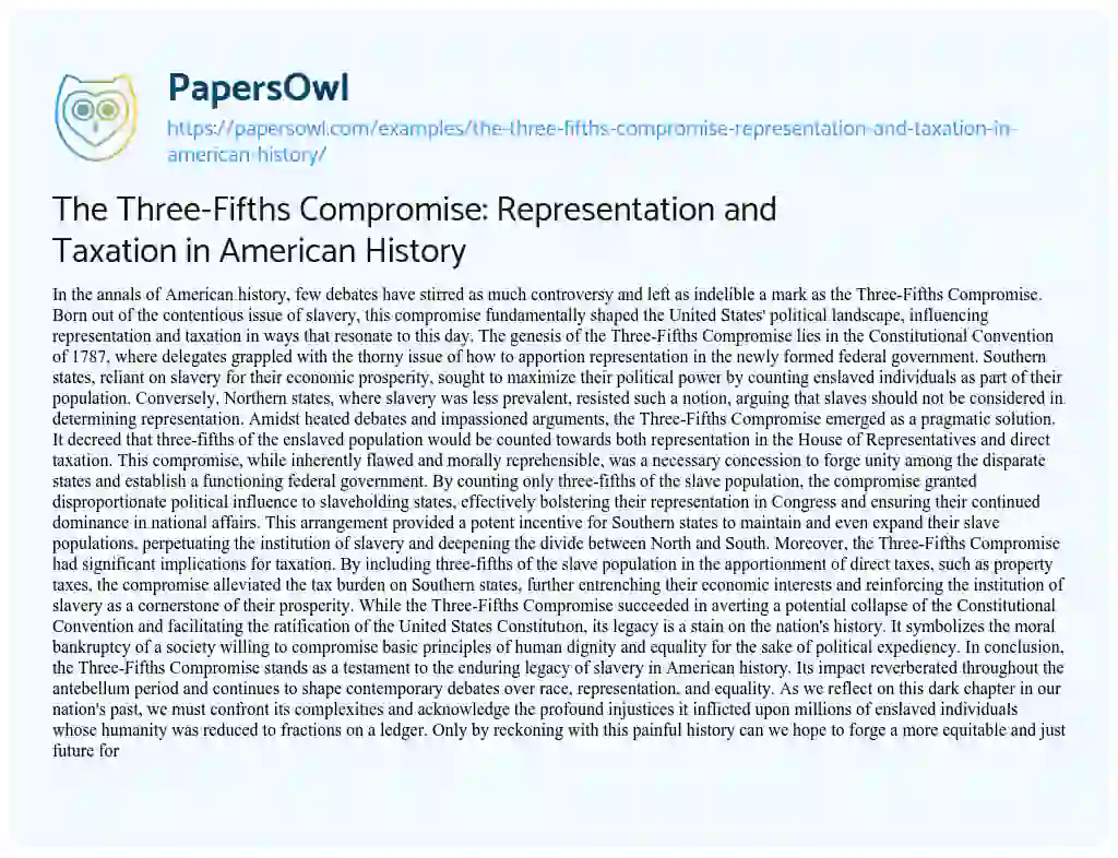 Essay on The Three-Fifths Compromise: Representation and Taxation in American History