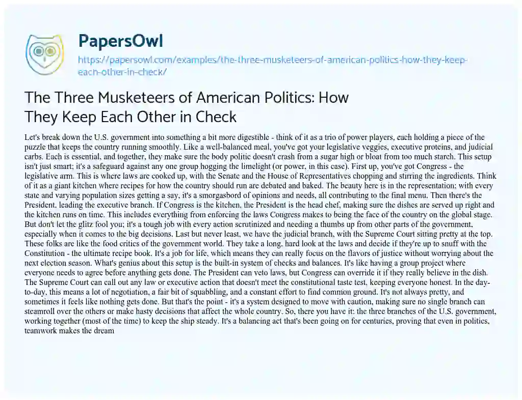 Essay on The Three Musketeers of American Politics: how they Keep each other in Check