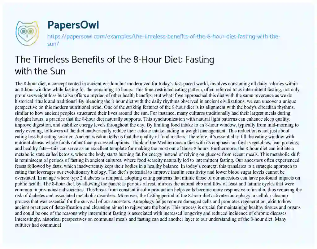 Essay on The Timeless Benefits of the 8-Hour Diet: Fasting with the Sun