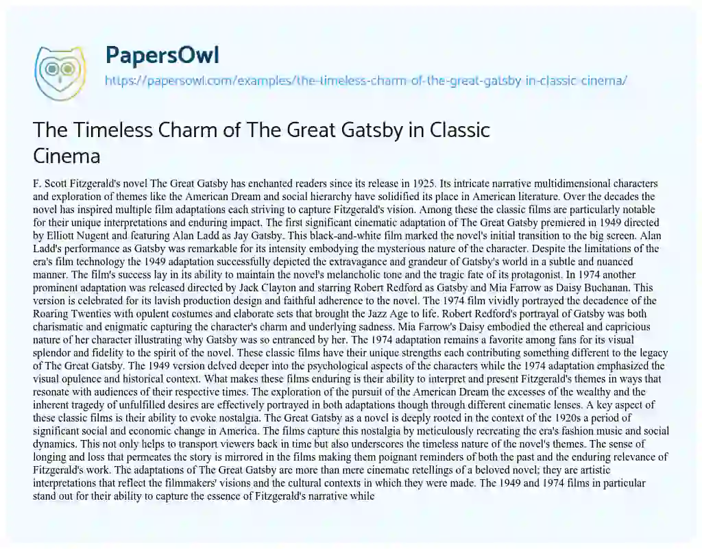 Essay on The Timeless Charm of the Great Gatsby in Classic Cinema