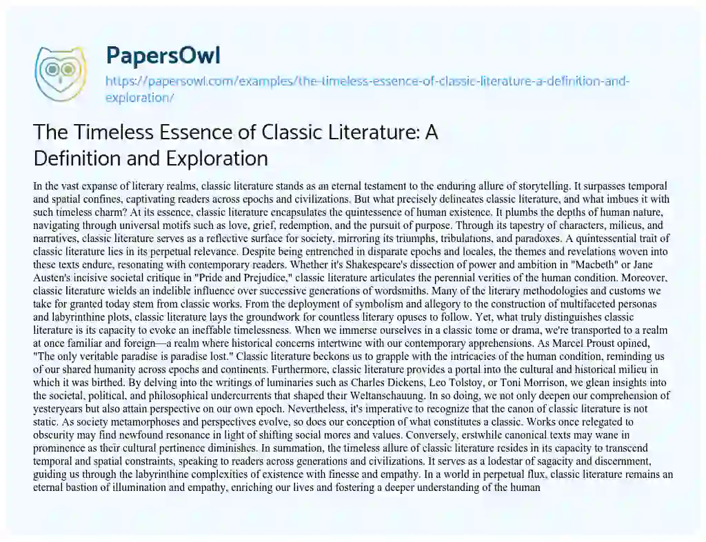 Essay on The Timeless Essence of Classic Literature: a Definition and Exploration