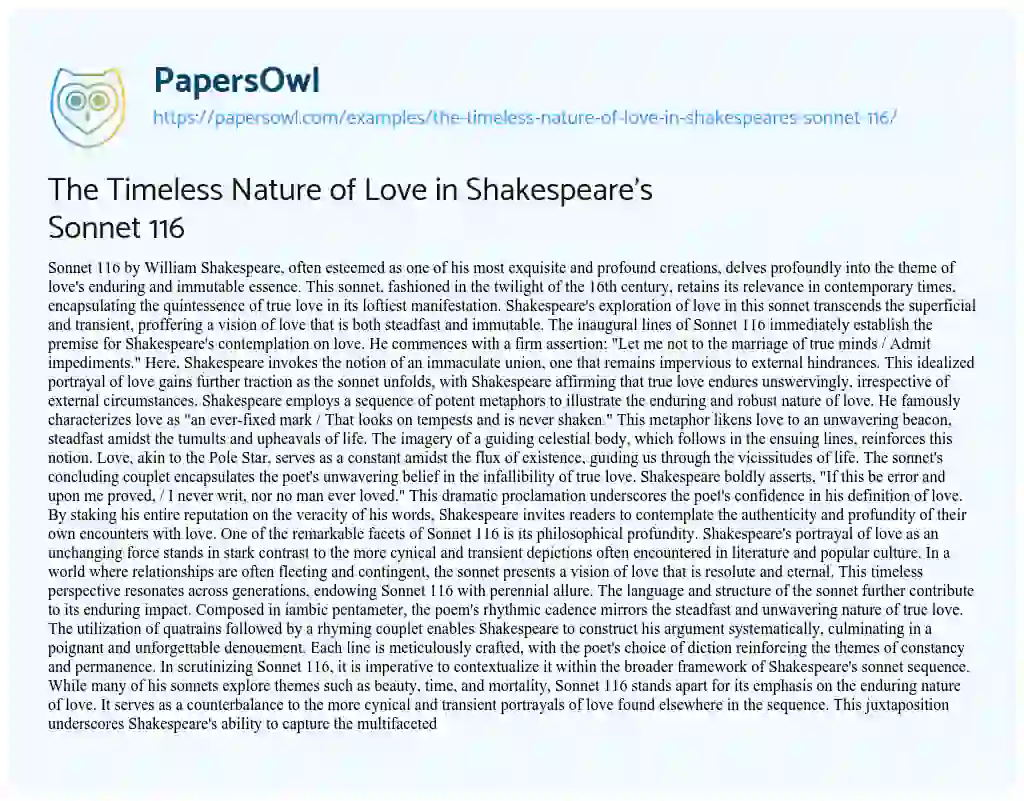 Essay on The Timeless Nature of Love in Shakespeare’s Sonnet 116