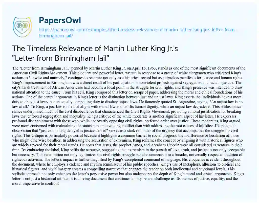 Essay on The Timeless Relevance of Martin Luther King Jr.’s “Letter from Birmingham Jail”