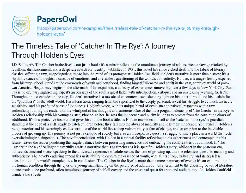 Essay on The Timeless Tale of ‘Catcher in the Rye’: a Journey through Holden’s Eyes