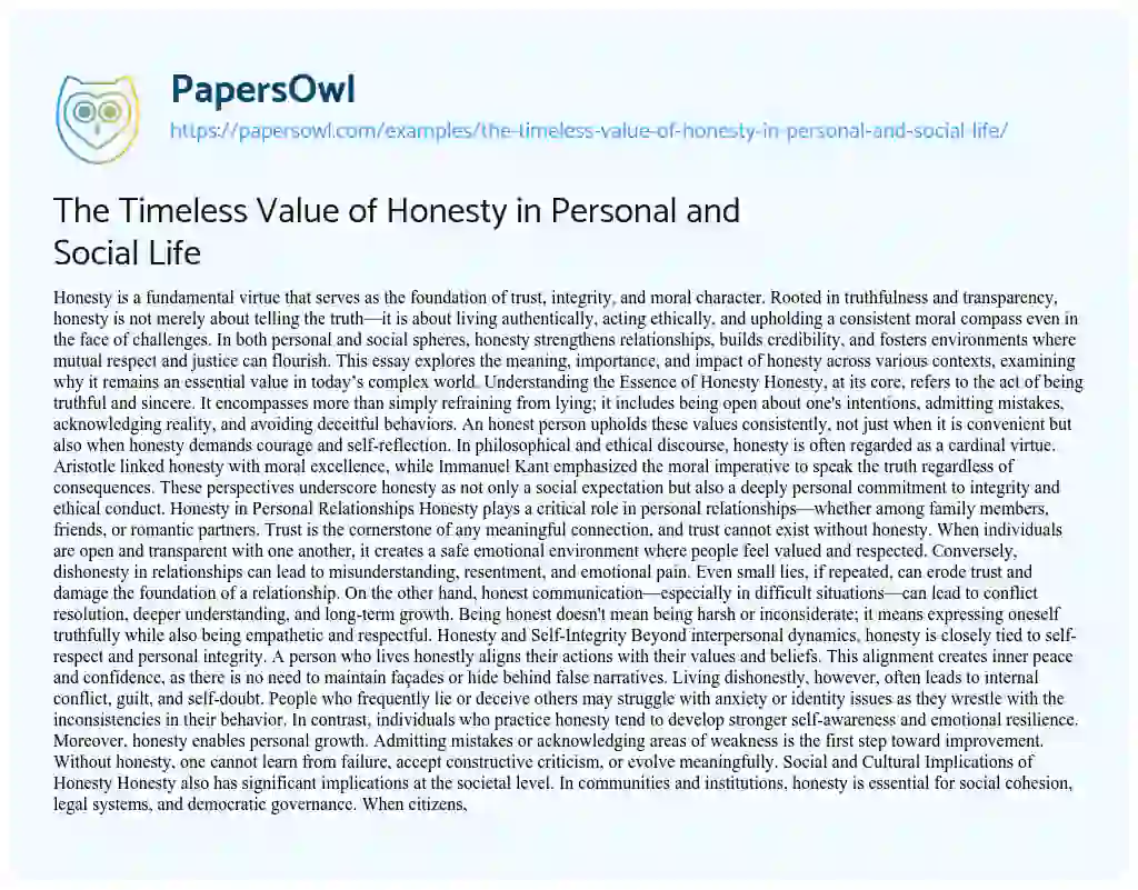 Essay on The Timeless Value of Honesty in Personal and Social Life