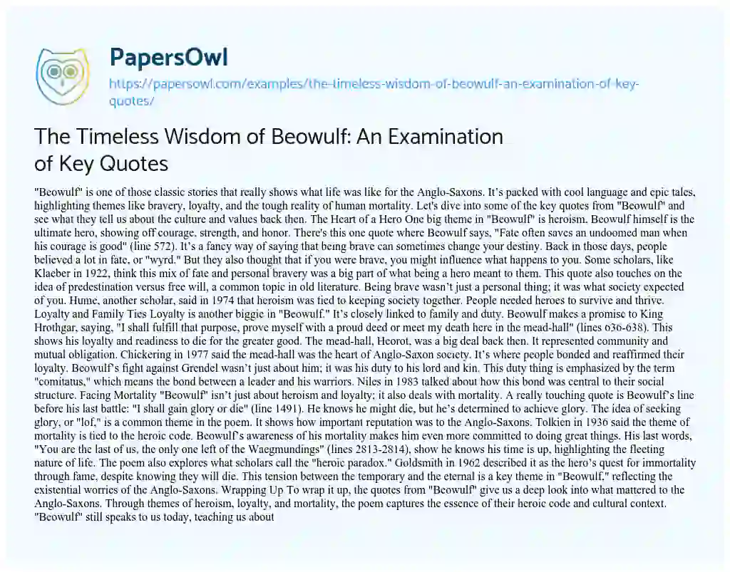 Essay on The Timeless Wisdom of Beowulf: an Examination of Key Quotes