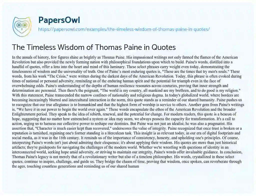 Essay on The Timeless Wisdom of Thomas Paine in Quotes