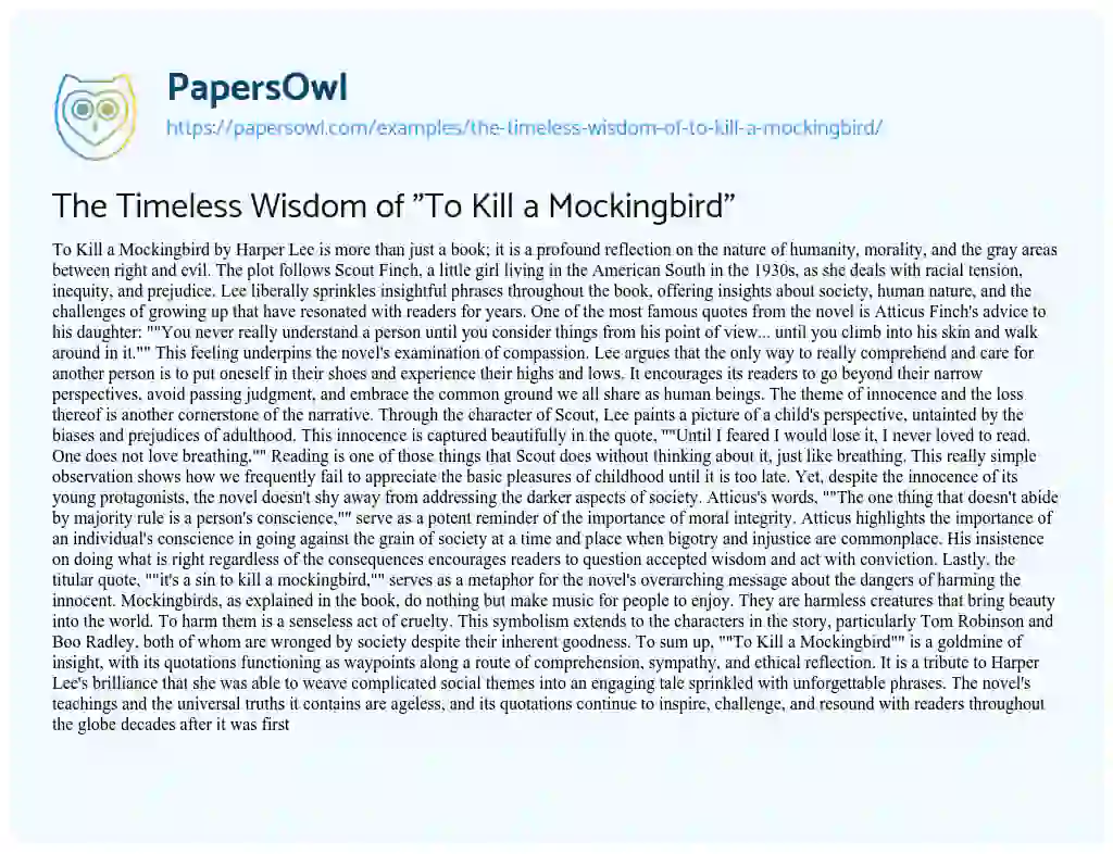 Essay on The Timeless Wisdom of “To Kill a Mockingbird”