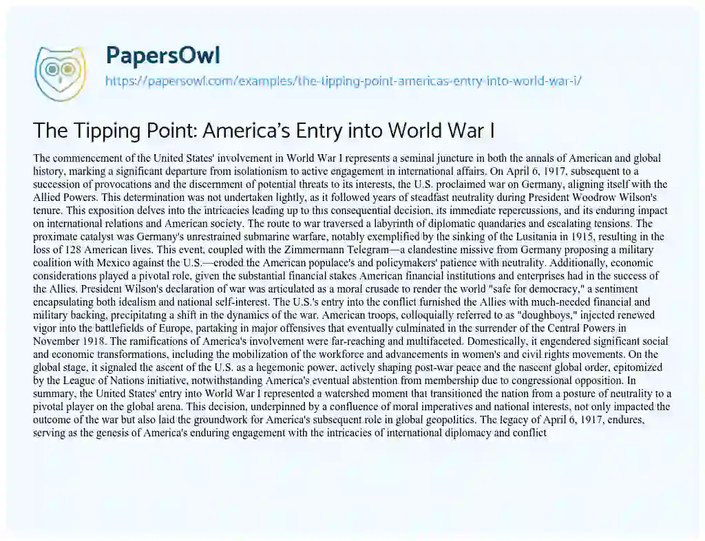 Essay on The Tipping Point: America’s Entry into World War i