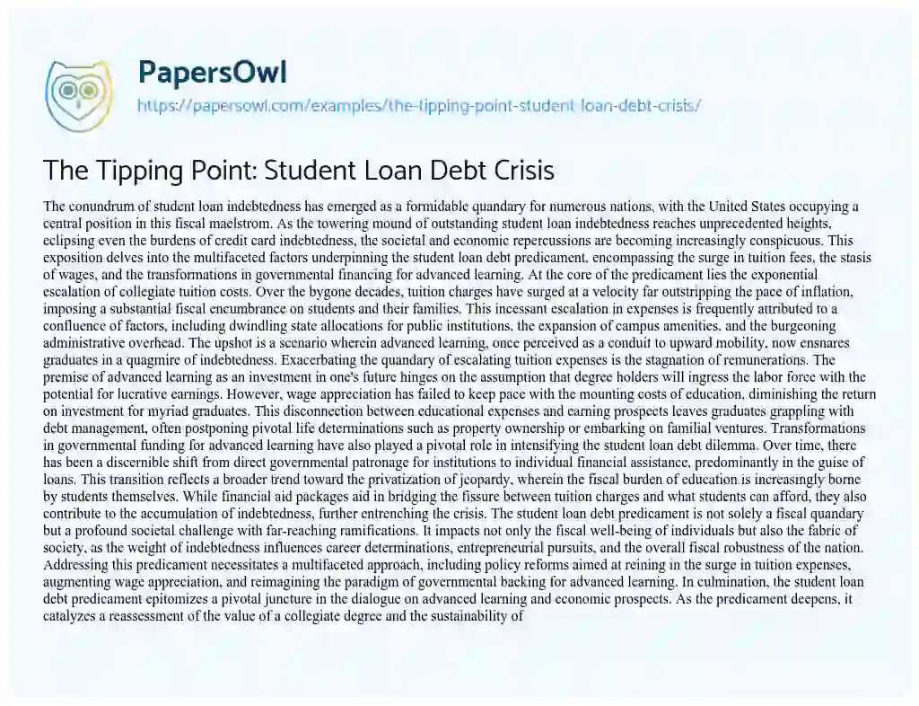 Essay on The Tipping Point: Student Loan Debt Crisis