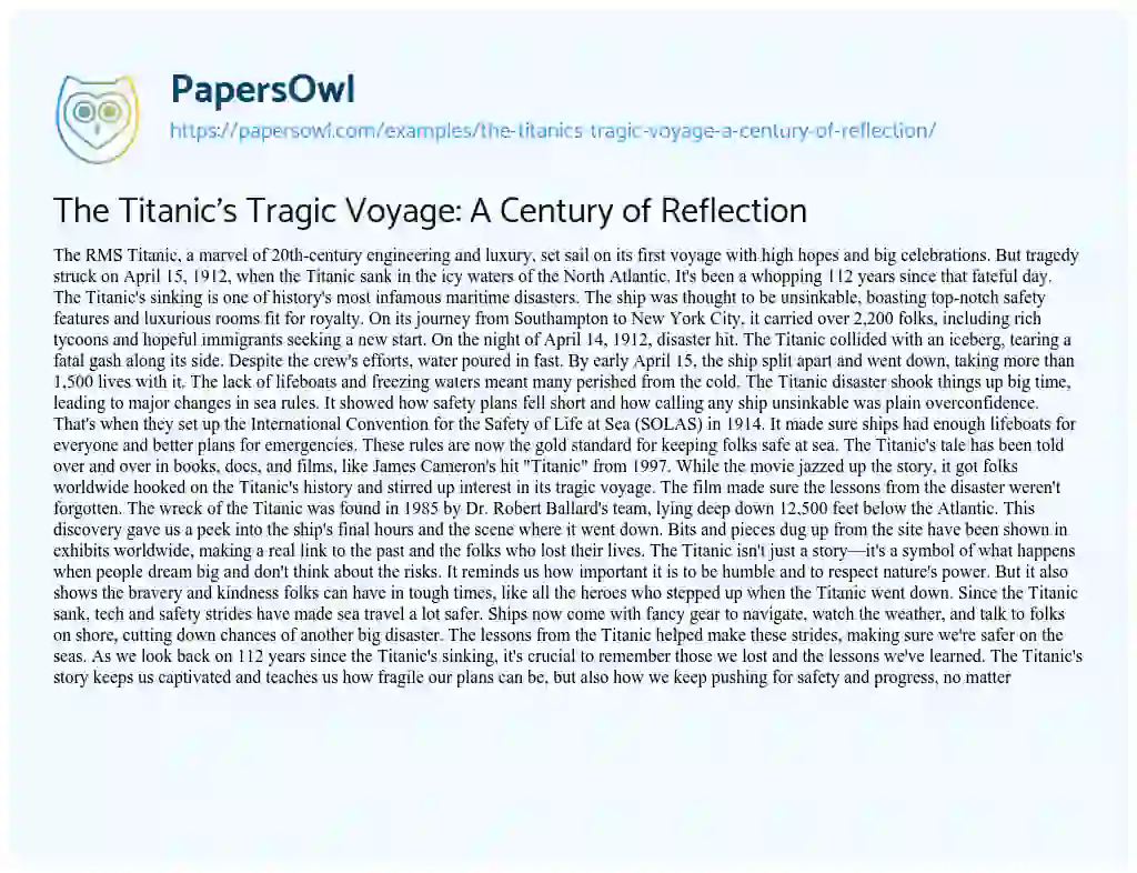 Essay on The Titanic’s Tragic Voyage: a Century of Reflection