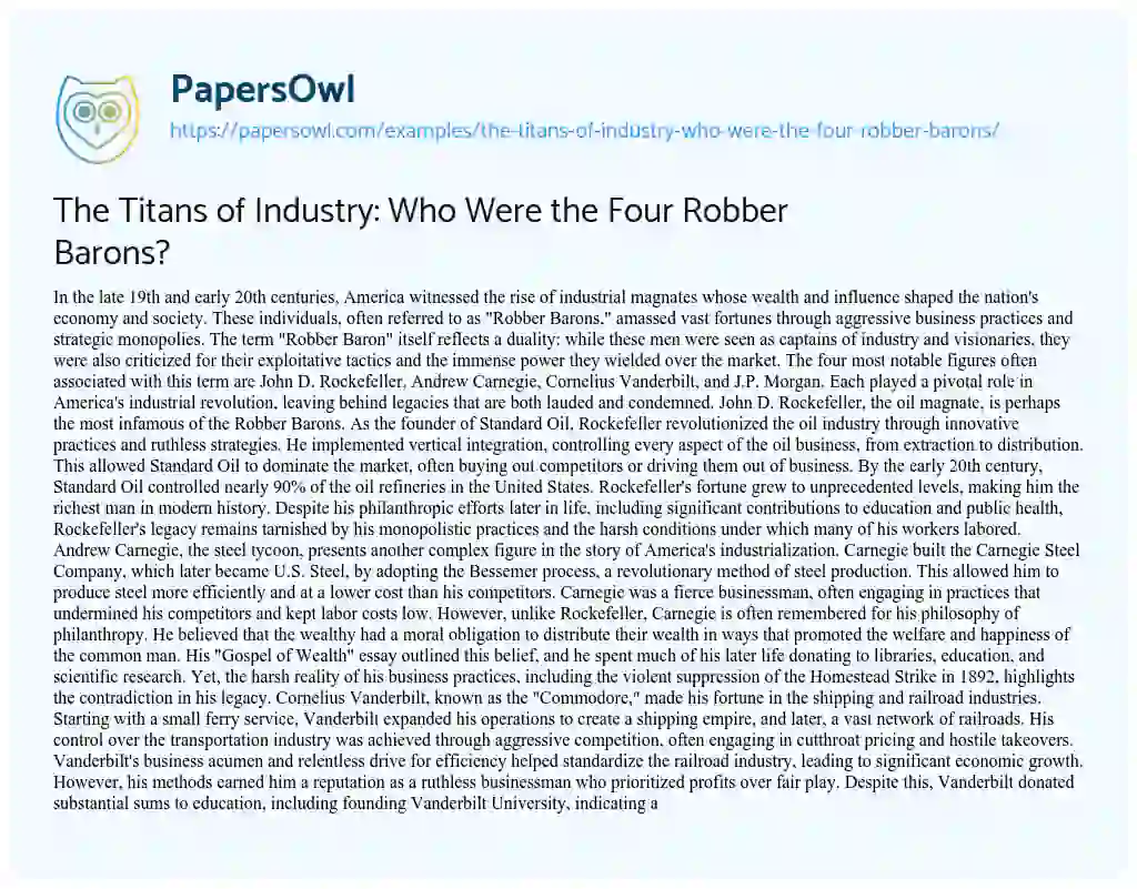 Essay on The Titans of Industry: who were the Four Robber Barons?